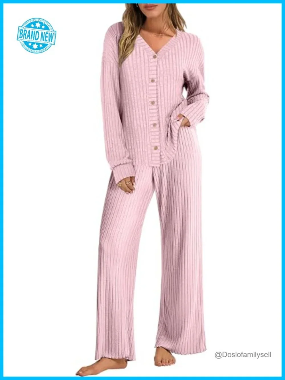Women's 2 Piece Lounge Pajama Set Ribbed Long Sleeve Button Top Matching Pants